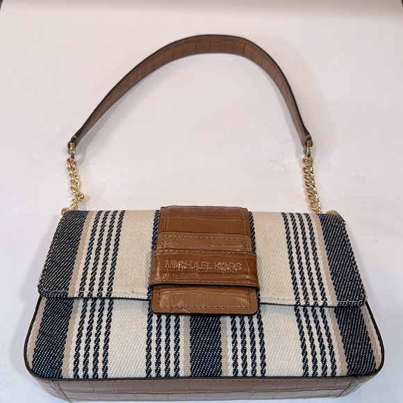Michael Kors Sage Medium Blue Striped Canvas Shoulder Bag - Picture 3 of 10